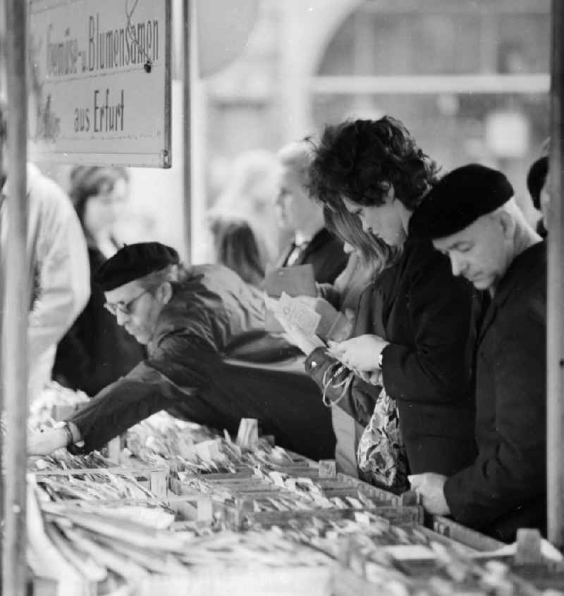 Market stall with flower seed and bulb at the weekly market in Arnstadt in the federal state Thuringia in the area of the former GDR, German democratic republic
