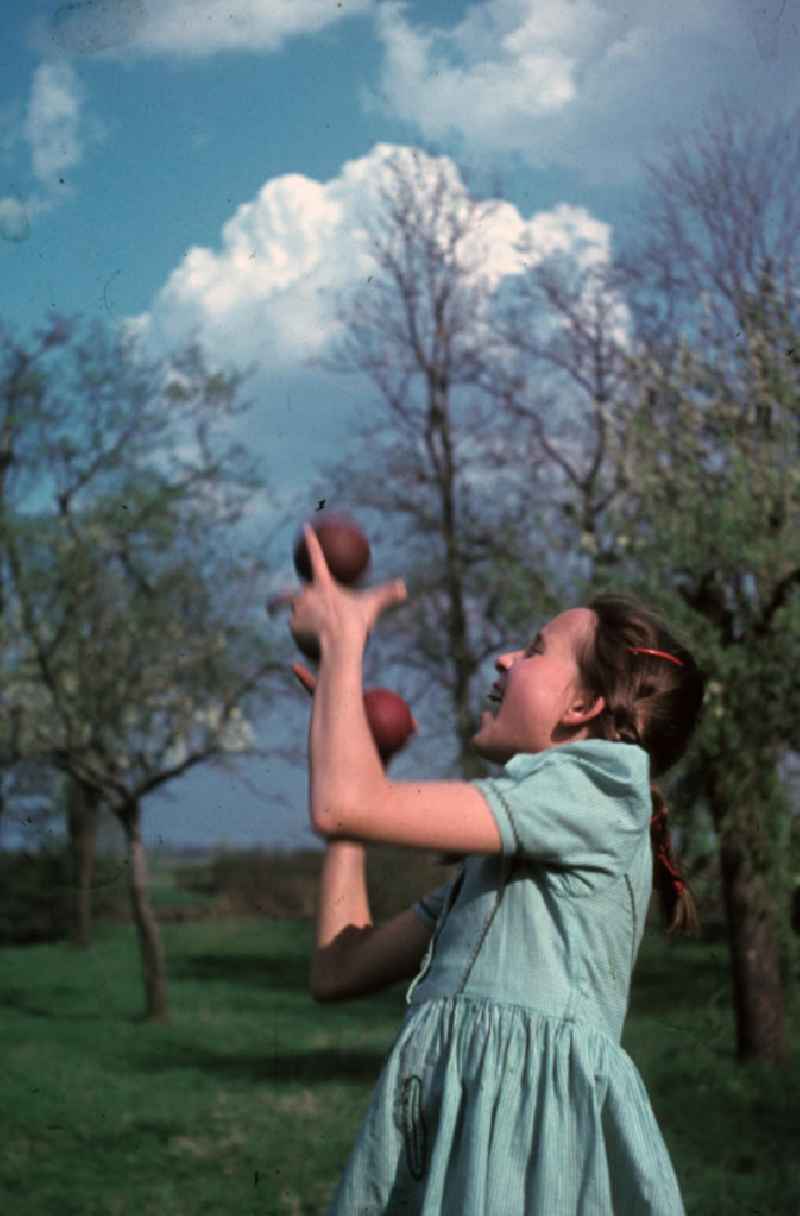 Ein Mädchen jongliert mit drei Bällen in einem Park in Bad Godesberg. A girl juggling with three balls in a park in Bad Godesberg.