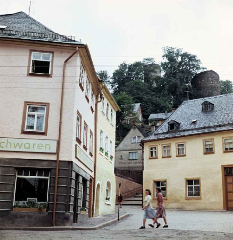 House facades with shop windows in Bad Lobenstein, Thuringia in the area of the former GDR, German Democratic Republic