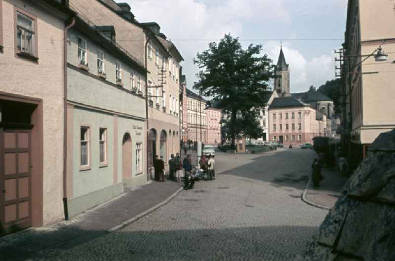 House facades at the road Markt in Bad Lobenstein, Thuringia in the area of the former GDR, German Democratic Republic