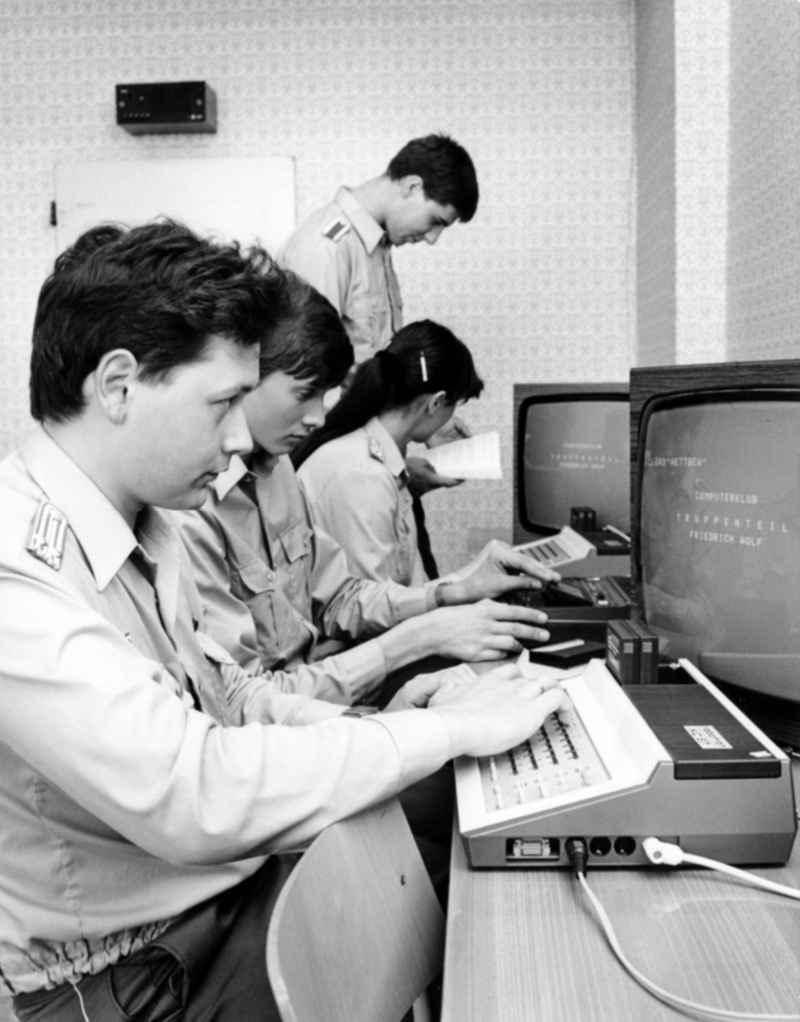 Computer Club with young soldiers on the screens of Robotron - computers of the NVA regiment, Friedrich Wolf 'in Beelitz in present-day state of Brandenburg