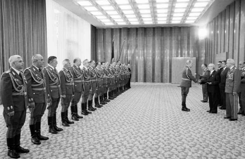 Ceremony for the appointment and promotion of colonels and generals in the State Council building by the Chairman of the State Council and General Secretary of the SED Central Committee Erich Honecker in the presence of Defense Minister Army General Heinz Hoffmann and Egon Krenz in the Mitte district of Berlin East Berlin on the territory of the former GDR, German Democratic Republic