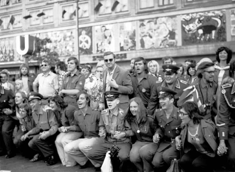 Soldiers - equipment and type of uniform of the LSK/LV air force - air defense at the World Festival on Alexanderplatz in the Mitte district of Berlin East Berlin on the territory of the former GDR, German Democratic Republic