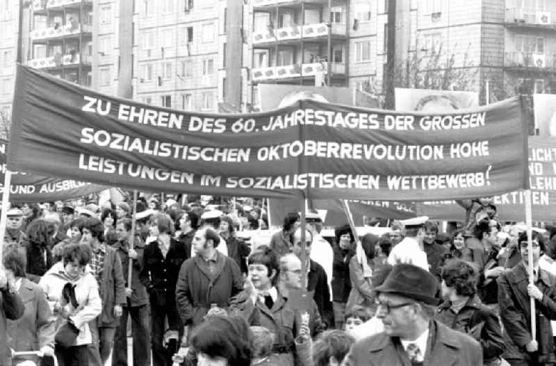 Demonstration and street action zum 1. Mai on Karl-Marx-Allee in the district Mitte in Berlin, the former capital of the GDR, German Democratic Republic
