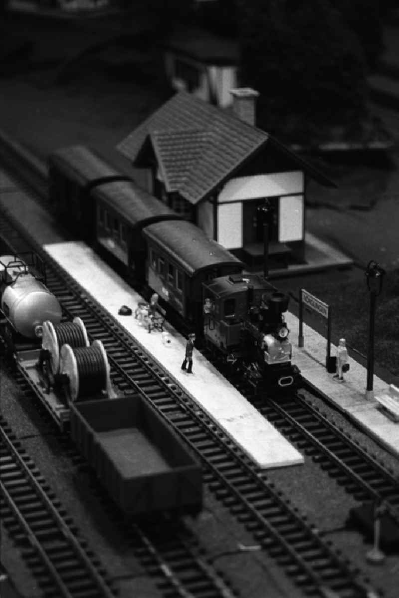Modelleisenbahnausstellung im Prater. Detailansicht einer Modelllandschaft mit Bahnhof und Dampfzug.