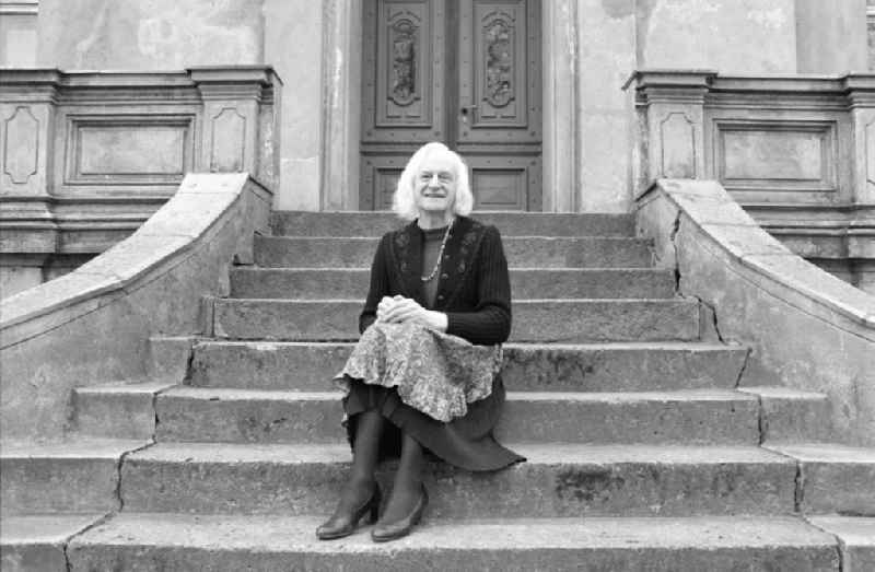 Portrait of Charlotte von Mahlsdorf (real name Lothar Berfelde) in front of the Wilhelminian Museum she founded on street Hultschiner Damm in the district Mahlsdorf in Berlin East Berlin