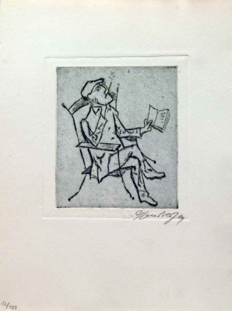 Grafik von Herbert Sandberg über Bertolt Brecht (*10.02.1898 †14.08.1956) b.b. aus dem Jahr 1964 (Brecht im Sitzen beim Lesen) 11,2x9,8cm Radierung, handsigniert, 12/10
