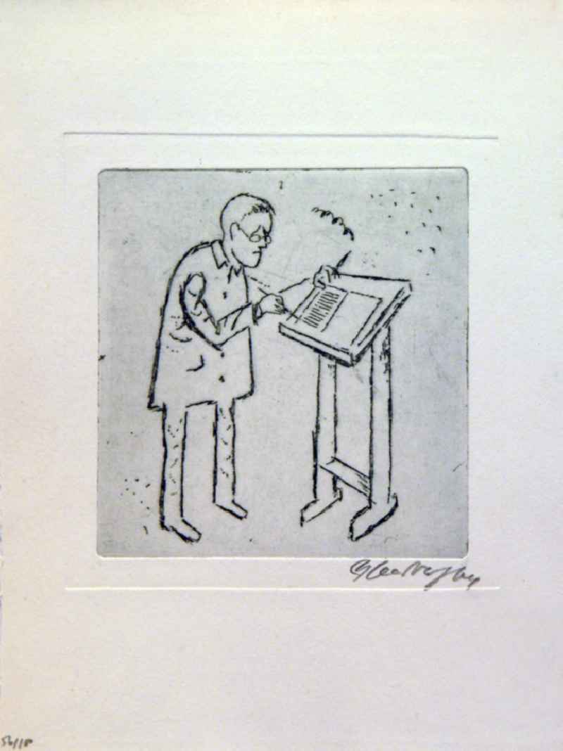 Grafik von Herbert Sandberg über Bertolt Brecht (*10.02.1898 †14.08.1956) b.b. aus dem Jahre 1964 (Brecht im Stehen beim Schreiben am Pult) 11,1x9,8cm Radierung, handsigniert, 56/10