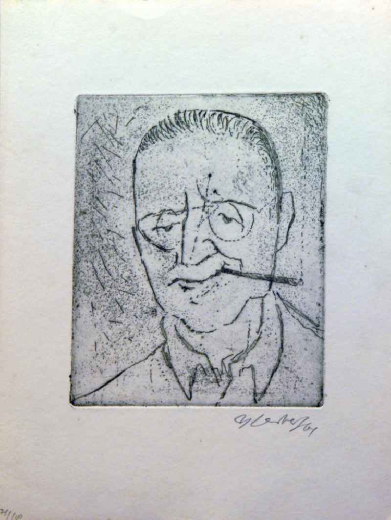 Grafik von Herbert Sandberg über Bertolt Brecht (*10.02.1898 †14.08.1956) b.b. aus dem Jahr 1964 (Porträt mit Brille beim Rauchen) 14,8x12,2cm Radierung, handsigniert, 78/10
