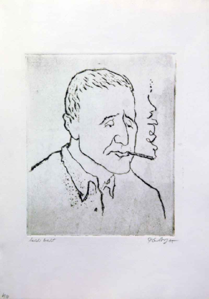 Grafik von Herbert Sandberg über Bertolt Brecht (*10.02.1898 †14.08.1956) aus dem Jahr 1975 (Porträt rechts beim Rauchen) 29,9x24,2cm Radierung, handsigniert, 6/1