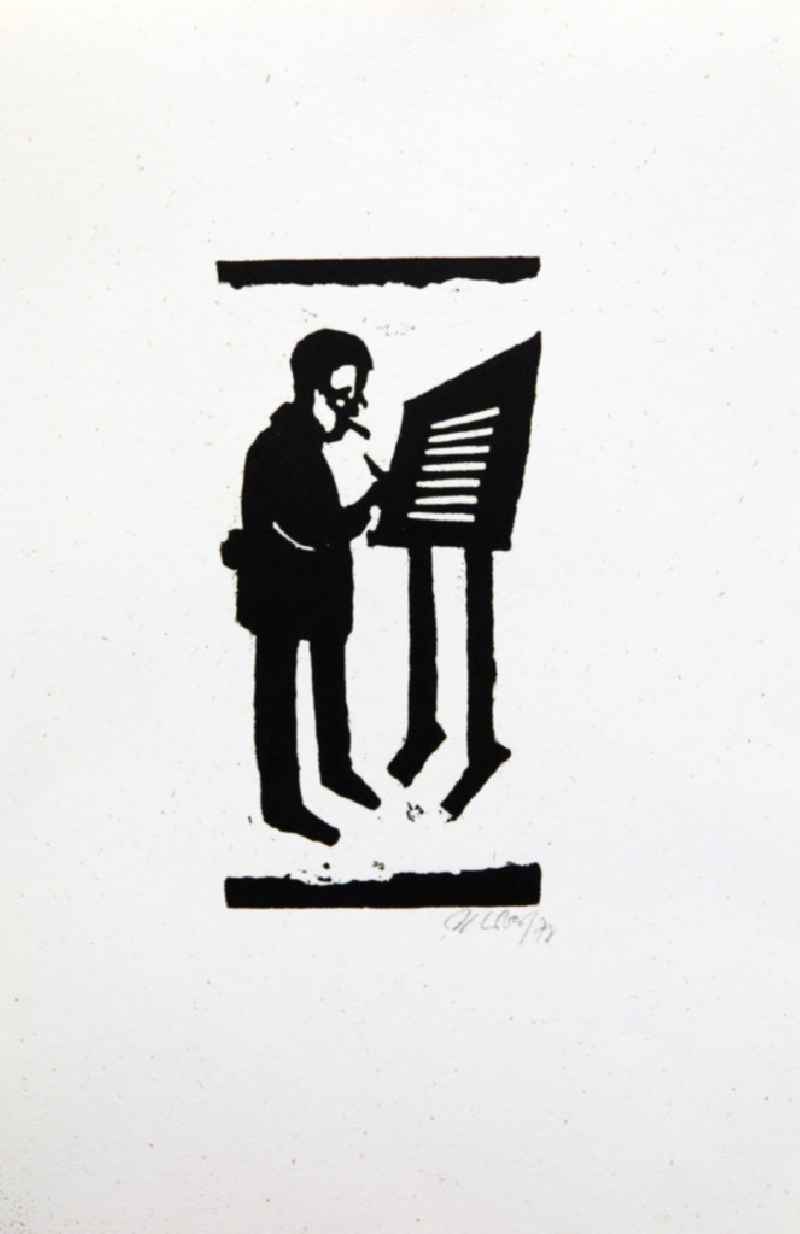 Grafik von Herbert Sandberg über Bertolt Brecht (*10.02.1898 †14.08.1956) aus dem Jahr 1978 als Erinnerung anlässlich seines 80. Geburtstages (Brecht im Stehen beim Schreiben am Pult) Holzschnitt auf handgeschöpftem Bütten 20,5 x1