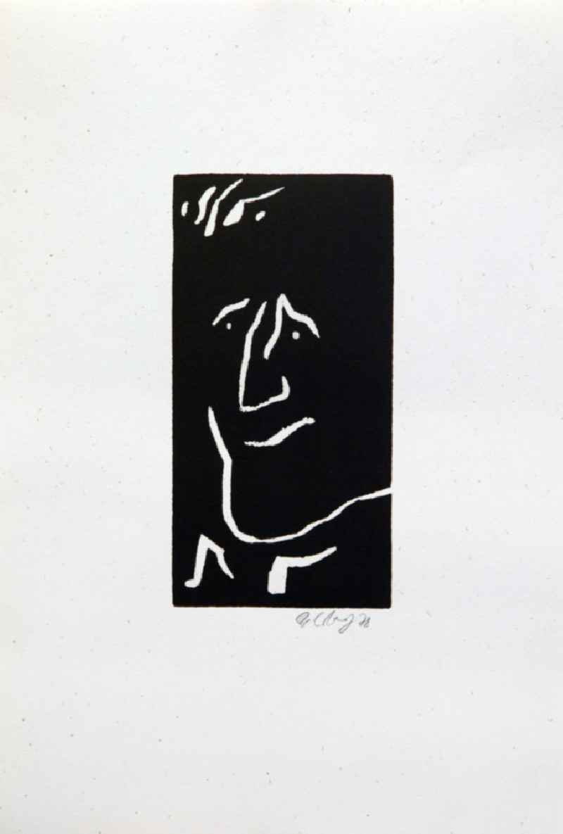 Grafik von Herbert Sandberg über Bertolt Brecht (*10.02.1898 †14.08.1956) aus dem Jahr 1978 als Erinnerung anlässlich seines 80. Geburtstages (Brecht nah, links) Holzschnitt auf handgeschöpftem Bütten 20,5 x1