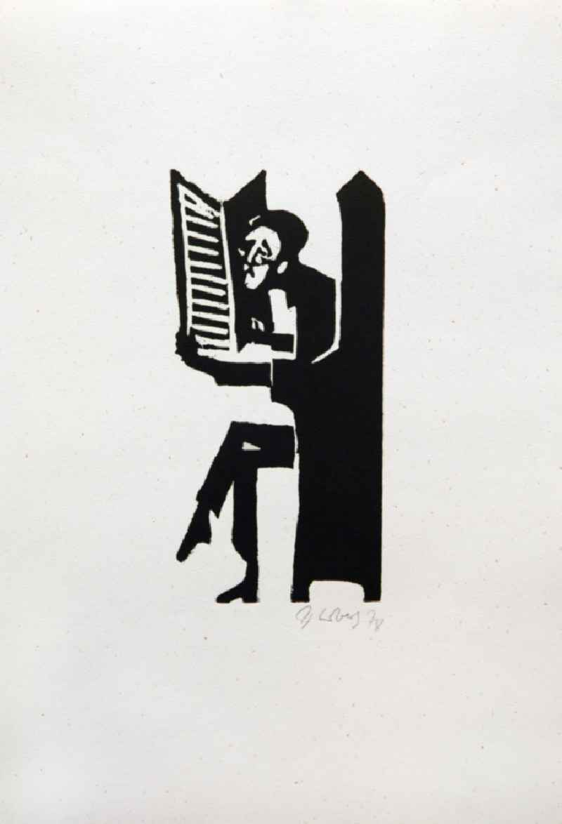 Grafik von Herbert Sandberg über Bertolt Brecht (*10.02.1898 †14.08.1956) aus dem Jahr 1978 als Erinnerung anlässlich seines 80. Geburtstages (Brecht im Sitzen beim Lesen) Holzschnitt auf handgeschöpftem Bütten 20,5 x1