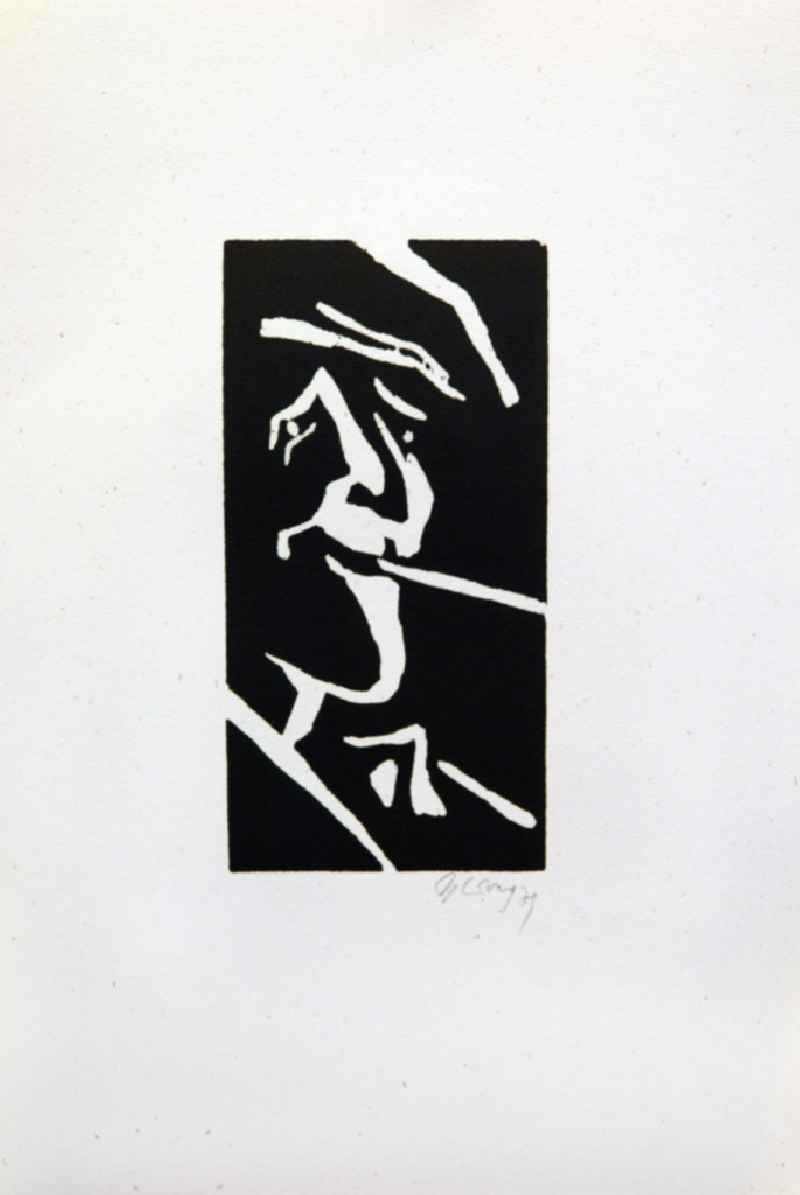 Grafik von Herbert Sandberg über Bertolt Brecht (*10.02.1898 †14.08.1956) aus dem Jahr 1978 als Erinnerung anlässlich seines 80. Geburtstages (Brecht beim Rauchen, Gesicht nah von rechts) Holzschnitt auf handgeschöpftem Bütten 20,5 x1