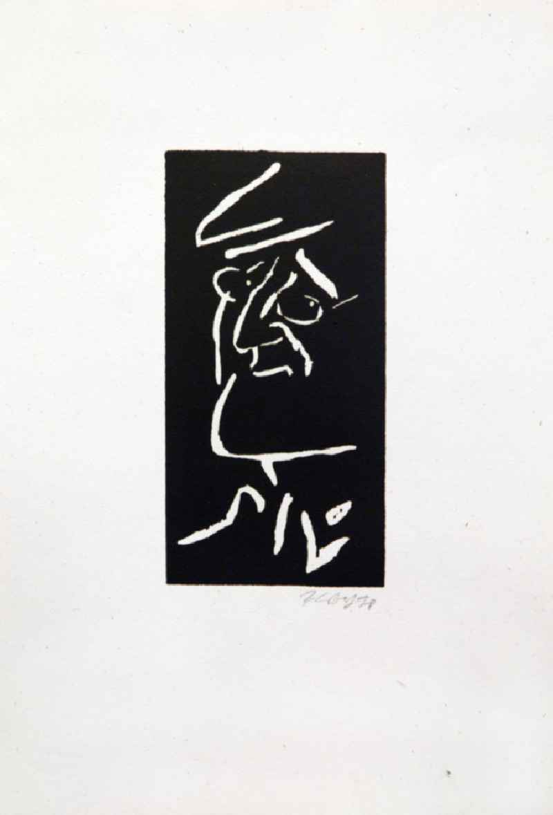Grafik von Herbert Sandberg über Bertolt Brecht (*10.02.1898 †14.08.1956) aus dem Jahr 1978 als Erinnerung anlässlich seines 80. Geburtstages (Brecht mit Brille, Gesicht nah von links) Holzschnitt auf handgeschöpftem Bütten 20,5 x1