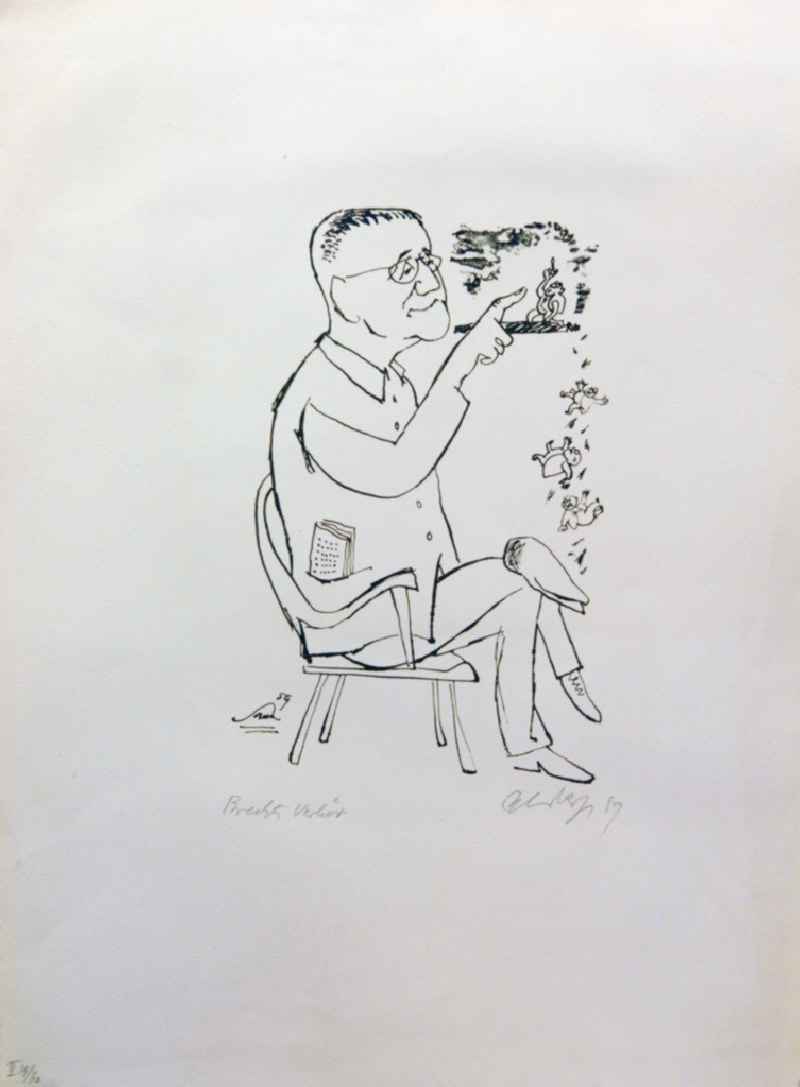 Grafik von Herbert Sandberg über Bertolt Brecht (*10.02.1898 †14.08.1956) aus dem Jahr 1959 'Brechts Verhör' 26x18cm Lithographie, handsigniert, II 19/3