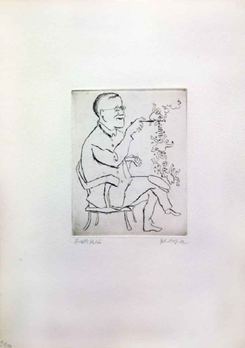 Grafik von Herbert Sandberg über Bertolt Brecht (*10.02.1898 †14.08.1956) aus dem Jahr 1972 'Brechts Verhör' 16,8x13,4cm Radierung und Aquatinta, handsigniert, II 8/14
