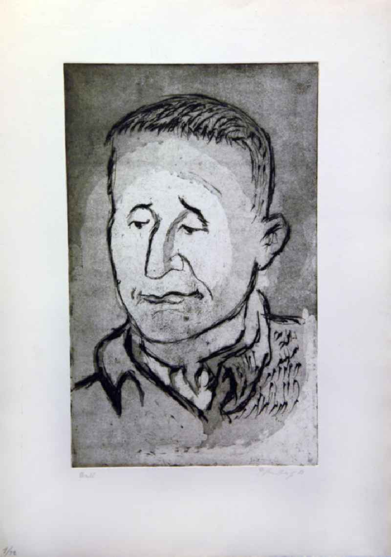 Grafik von Herbert Sandberg über Bertolt Brecht (*10.02.1898 †14.08.1956) aus dem Jahr 1958 (Porträt links) 38,6x24,