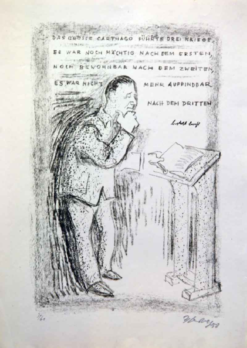 Grafik von Herbert Sandberg über Bertolt Brecht (*10.02.1898 †14.08.1956) aus dem Jahr 1958 'Carthago' 36,0x24,0cm Lithographie, handsigniert, 3/6