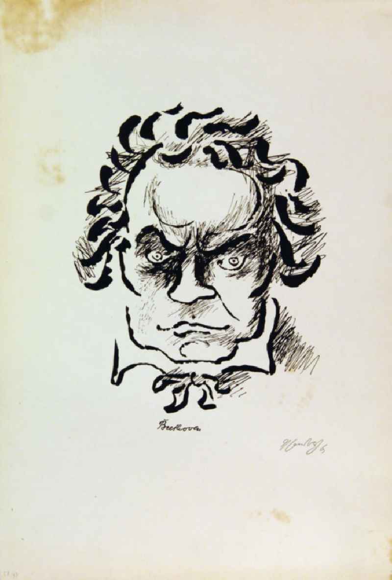 Grafik von Herbert Sandberg über Ludwig van Beethoven (*16.12.1770 †26.03.1827) 'Beethoven' aus dem Zyklus 'Meister der Musik' aus dem Jahr 1963, 23,6x29,2cm Lithographie, handsigniert, 47/5