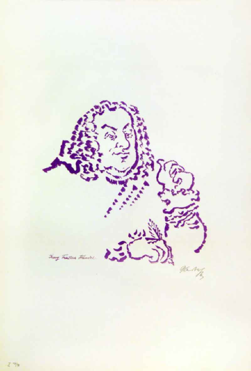 Grafik von Herbert Sandberg über Georg Friedrich Händel (*23.02.1685 †14.04.1759) 'Georg Friedrich Händel' aus dem Zyklus 'Meister der Musik' aus dem Jahr 1963, 23,9x24,2cm Farblithographie, handsigniert, I 18/7