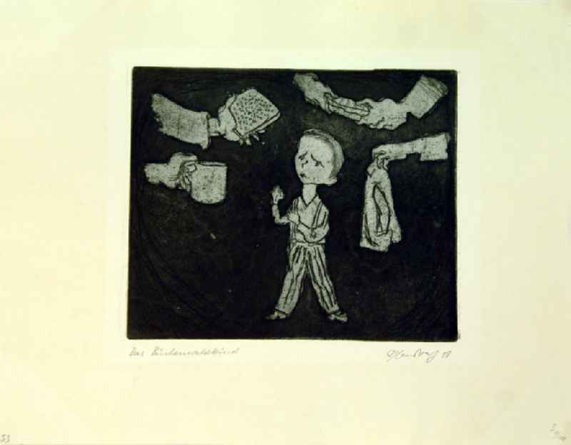Grafik von Herbert Sandberg '53 Das Buchenwaldkind' aus dem Zyklus 'Der Weg' mit 70 Aquatinta-Radierungen aus dem Jahr 1958, 19,5x24,5cm handsigniert, I 1/10