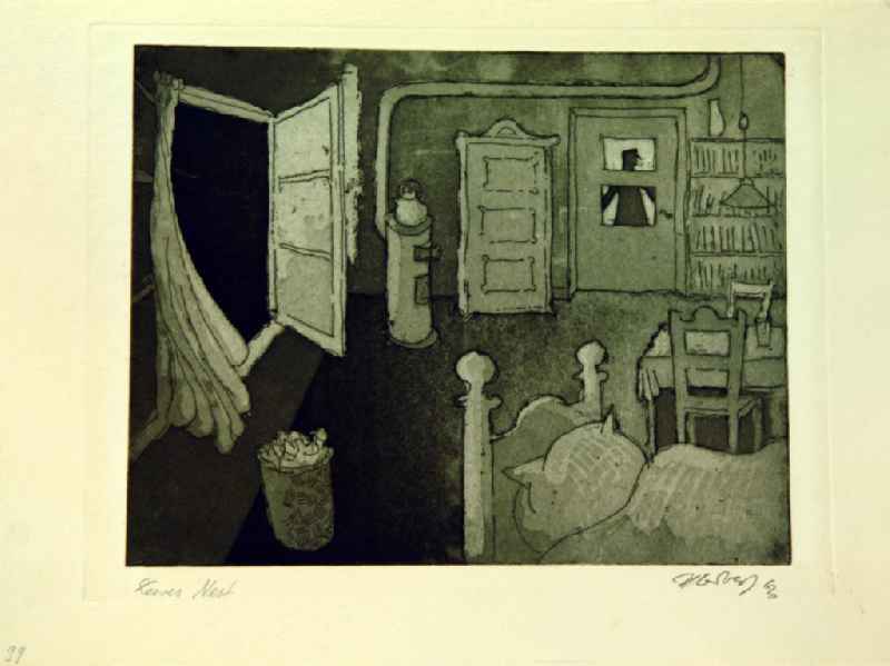 Grafik von Herbert Sandberg '39 Leeres Nest' aus dem Zyklus 'Der Weg' mit 7