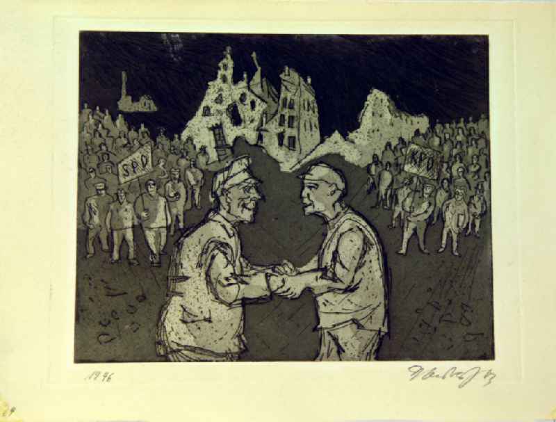 VG Bild-Kunst free black and white graphic '1946' from the cycle 'The Path' as aquatint etchings, 19.5x24.5cm hand-signed. Two people shake hands; in the background left: group with SPD sign; in the middle: rubble, ruins of some houses; right: group with KPD sign. by the GDR artist Professor Herbert Sandberg in the Pankow district of Berlin East Berlin on the territory of the former GDR, German Democratic Republic