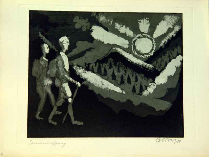 Grafik von Herbert Sandberg '4 Sonnenaufgang' aus dem Zyklus 'Der Weg' mit 7