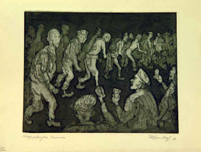 Grafik von Herbert Sandberg '52 Kriegsgefangene kommen' aus dem Zyklus 'Der Weg' mit 7