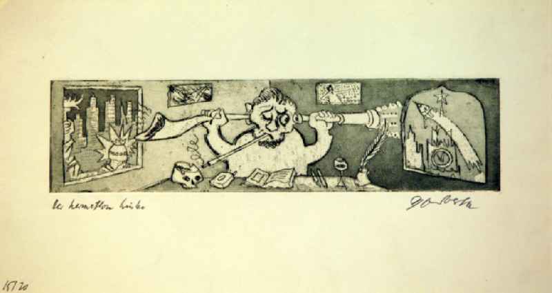Grafik von Herbert Sandberg 'Der heimatlose Linke/Der Zerrissene' aus dem Jahr 1962, 22,3x5,6cm Radierung, handsigniert, 15/2