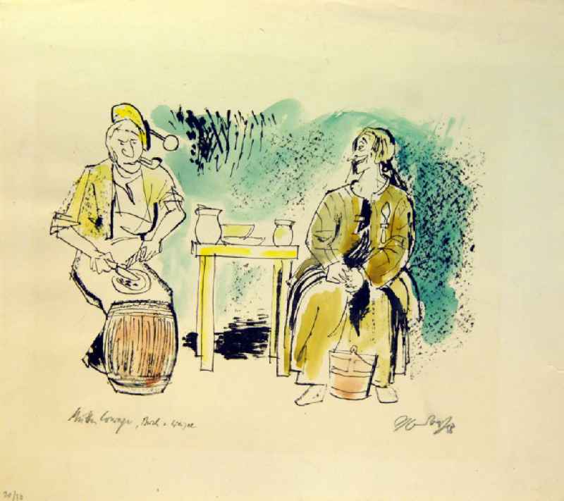 Grafik von Herbert Sandberg 'Ernst Busch (*22.01.1900 †08.06.1980) und Helene Weigel (*12.05.1900 †06.05.1971) in 'Mutter Courage'' aus dem Jahr 1958, 18,0x26,0cm Lithographie coloriert, handsigniert, 20/3