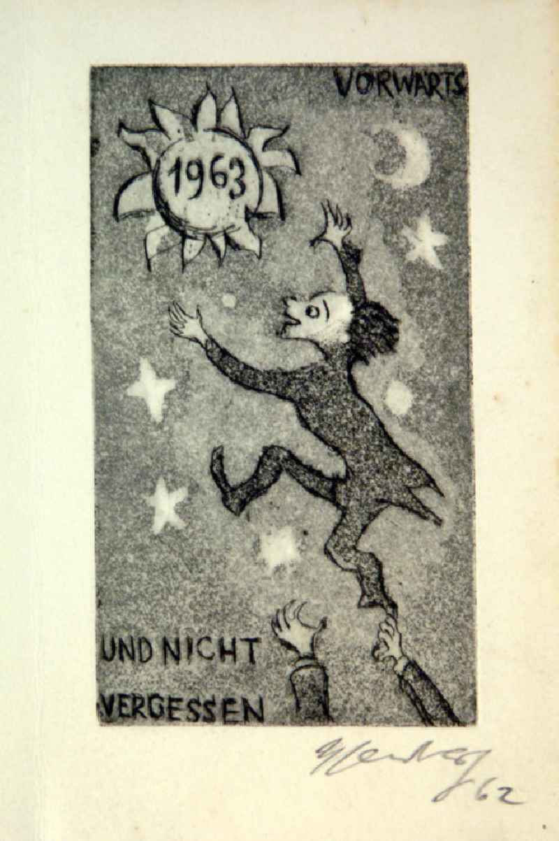 Grafik von Herbert Sandberg 'Vorwärts und nicht vergessen (Neujahrsgraphik)' aus dem Jahr 1962, 6,9x12,