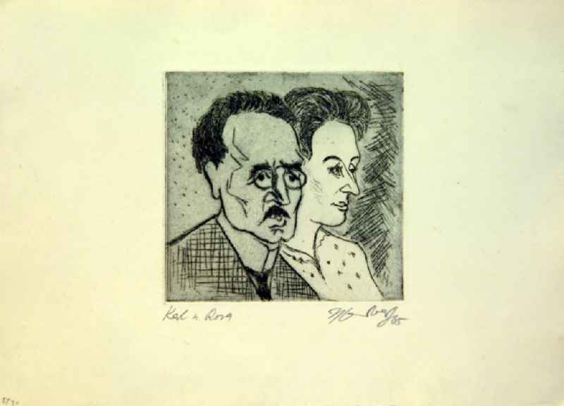Grafik von Herbert Sandberg über Karl Liebknecht (*13.08.1871 †15.01.1919) und Rosa Luxemburg (*05.03.1871 †15.01.1919) 'Karl und Rosa' aus dem Jahr 1965, 12,0x11,5cm Radierung, handsigniert, 5/2