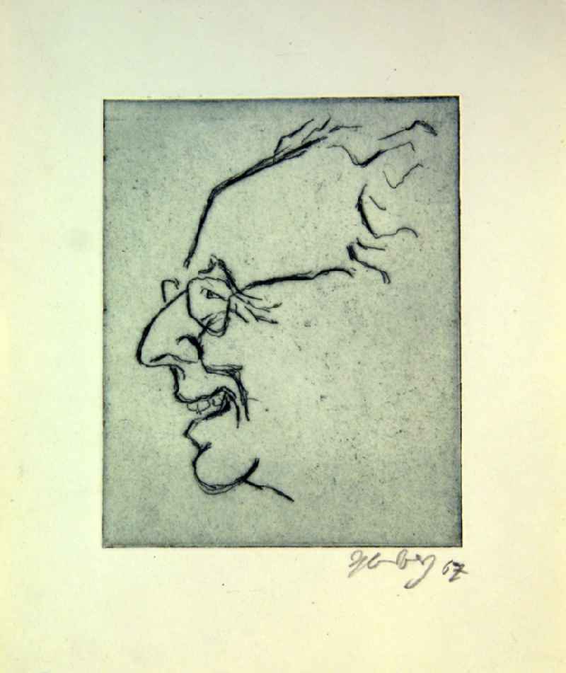 Grafik von Herbert Sandberg 'Selbstbildnis im Profil nach links (lacht)' aus dem Jahr 1967, 12,8x16,