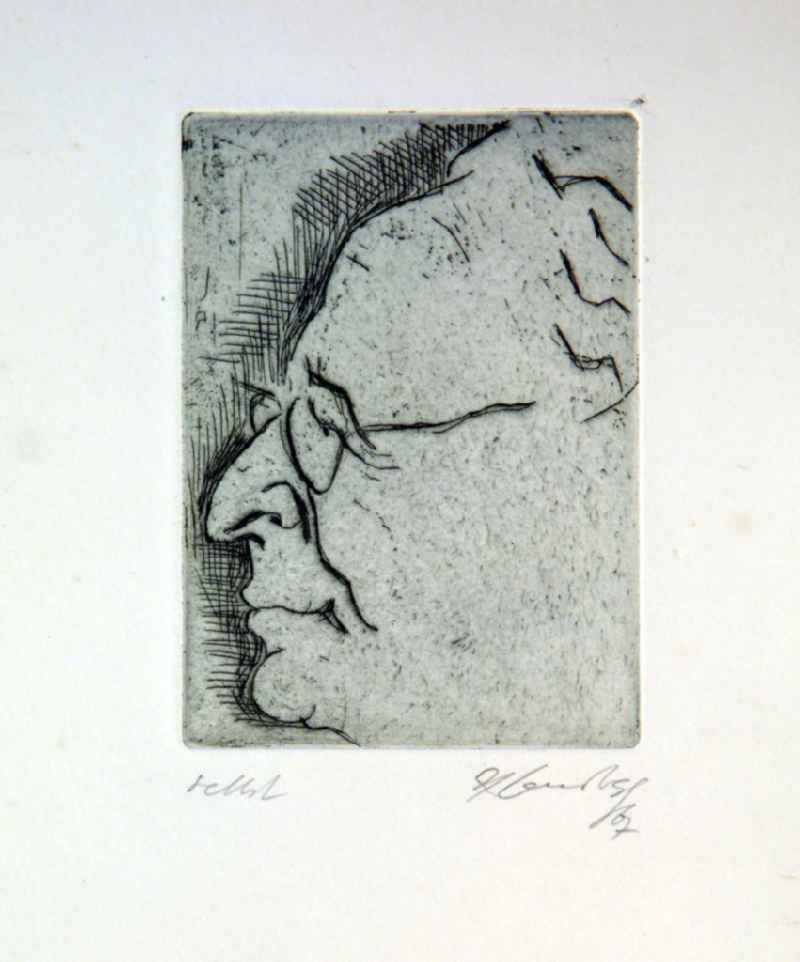 Grafik von Herbert Sandberg 'Selbst (Selbstbildnis im Profil nach links)' aus dem Jahr 1967, 7,0x9,8cm Radierung, handsigniert, 5/2