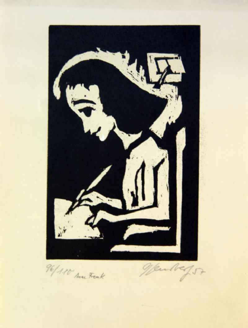Grafik von Herbert Sandberg über Anne Frank (*12.06.1929 †Anfang März 1945) 'Anne Frank' aus dem Jahr 1957, 21,0x13,5cm Holzschnitt, handsigniert, 96/11