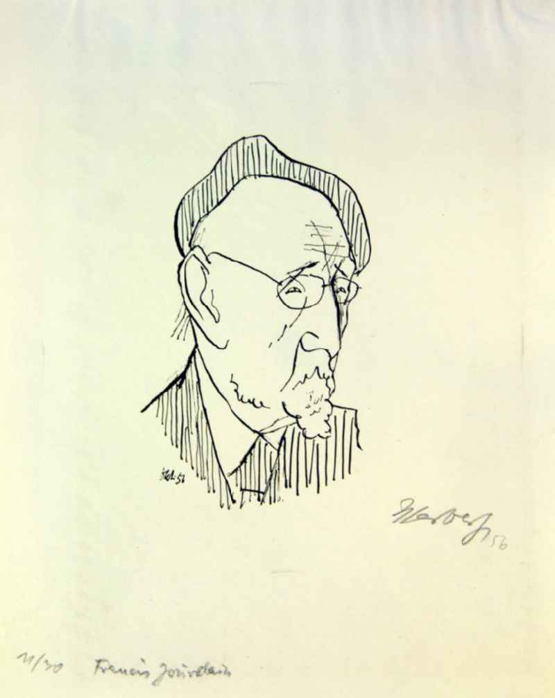 Grafik von Herbert Sandberg über den französischen Kunstschriftsteller Francis Jourdain (*1876 †1958) 'Francis Jourdain' aus dem Jahr 1956, 16,5x9,5cm Lithographie, handsigniert, 11/3