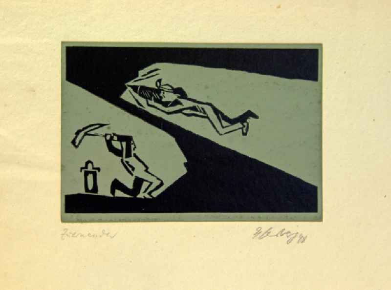 Grafik von Herbert Sandberg 'Zueinander' aus dem Jahr 1948, 12,2x19,5cm Holzschnitt, handsigniert. Scheinbar unter der Erde; links unten: Person meißelt sich durch Gestein; rechts dadrüber: Person bohrt sich in entgegengesetzter Richtung durch Gestein.