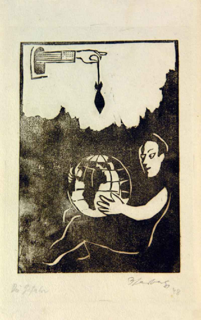 Grafik von Herbert Sandberg 'Die Gefahr' aus dem Jahr 1948, 21,5x14,1cm Holzschnitt, handsigniert. Unten: Person sitzt und hält Erdkugel in beiden Händen; Darüber: Luke, daraus ein Arm, Hemdärmel zeigt amerikanische Flagge, zwischen den Finger an einer Schnur: Bombe, die Richtung Weltkugel zeigt.