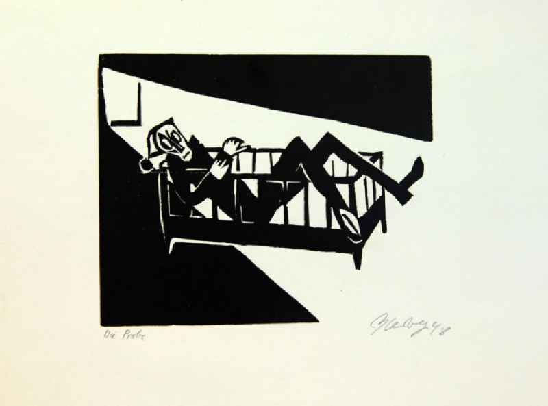 Grafik von Herbert Sandberg 'Die Probe' aus dem Jahr 1948, 14,5x18,0cm Holzschnitt, handsigniert, 2/1