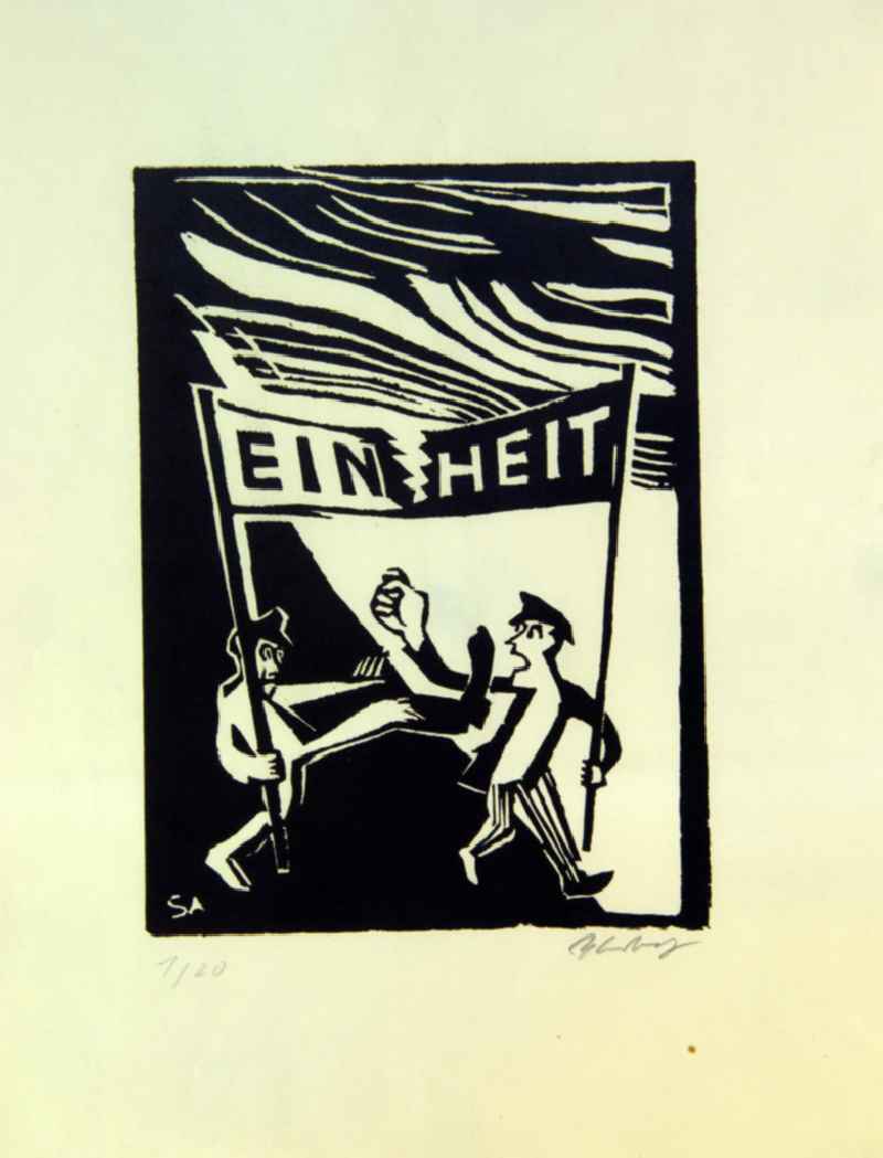 Grafik von Herbert Sandberg 'Einheit' aus dem Jahr 1948, 21,7x10,8cm Holzschnitt, handsigniert, 1/2