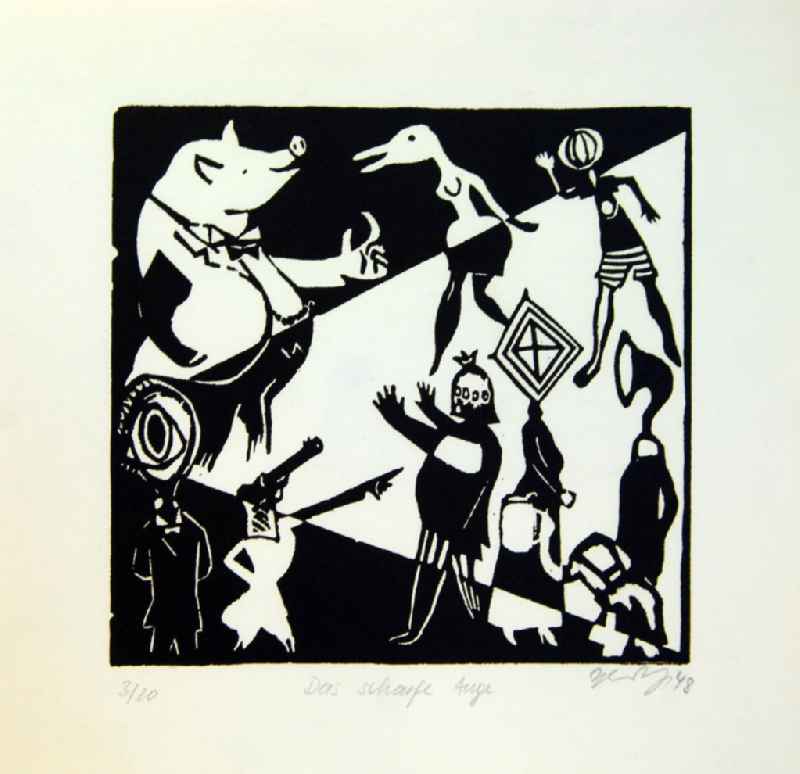 Grafik von Herbert Sandberg 'Das scharfe Auge' aus dem Jahr 1948, 36,0x22,0cm Holzschnitt, handsigniert, 3/2