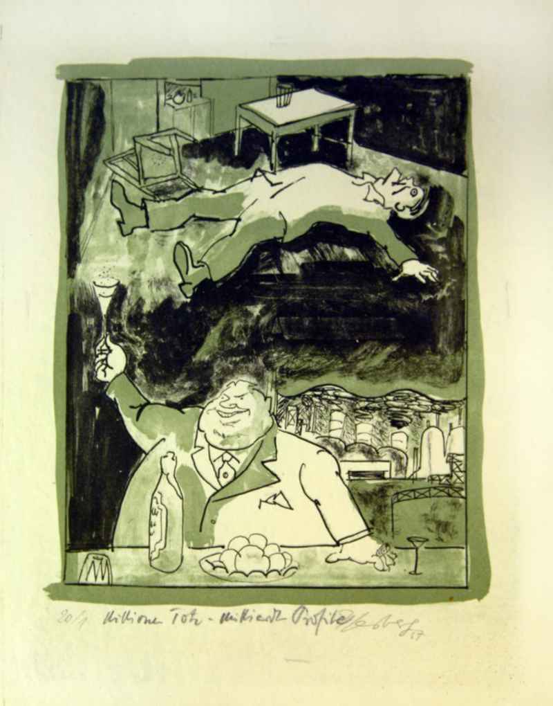 Grafik von Herbert Sandberg 'Millionen Tote – Milliarden Profite' aus dem Jahr 1956, 26,0x20,5cm Lithographie, handsigniert, 1/2