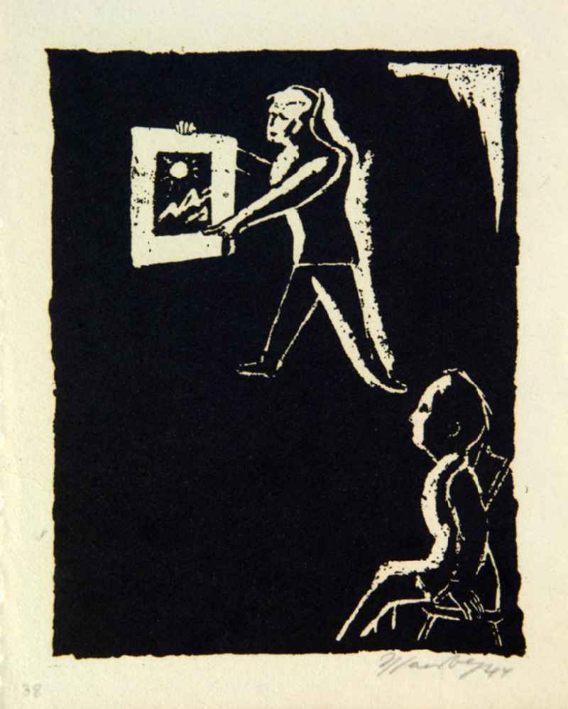 Grafik von Herbert Sandberg 'Die Kunst' aus dem Zyklus „Eine Freundschaft“ (von 1944/46) aus dem Jahr 1944, 15,9x2