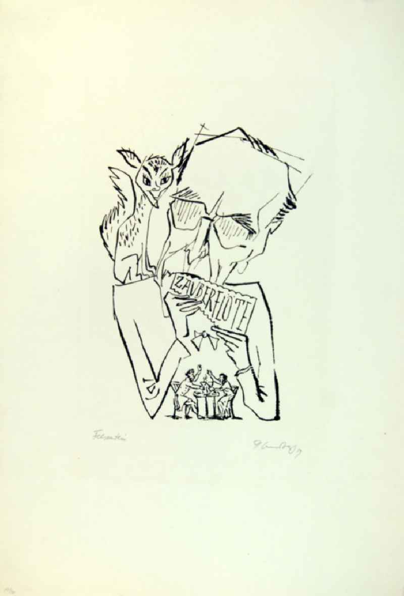 Grafik von Herbert Sandberg über den Regisseur Walter Felsenstein (*30.05.1901 †08.10.1975) 'Felsenstein' aus dem Jahr 1959, 31x21,5cm Lithographie (Feder u. Collage), handsigniert, 17/2