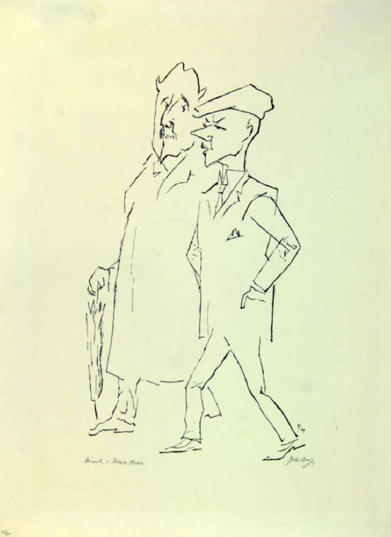 Grafik von Herbert Sandberg über Heinrich Mann (*27.03.1871 †12.03.1950) und Thomas Mann (*06.06.1875 †12.08.1955) 'Heinrich und Thomas Mann' aus dem Jahr 1969, 36,5x20,0cm Lithographie, handsigniert, 38/6