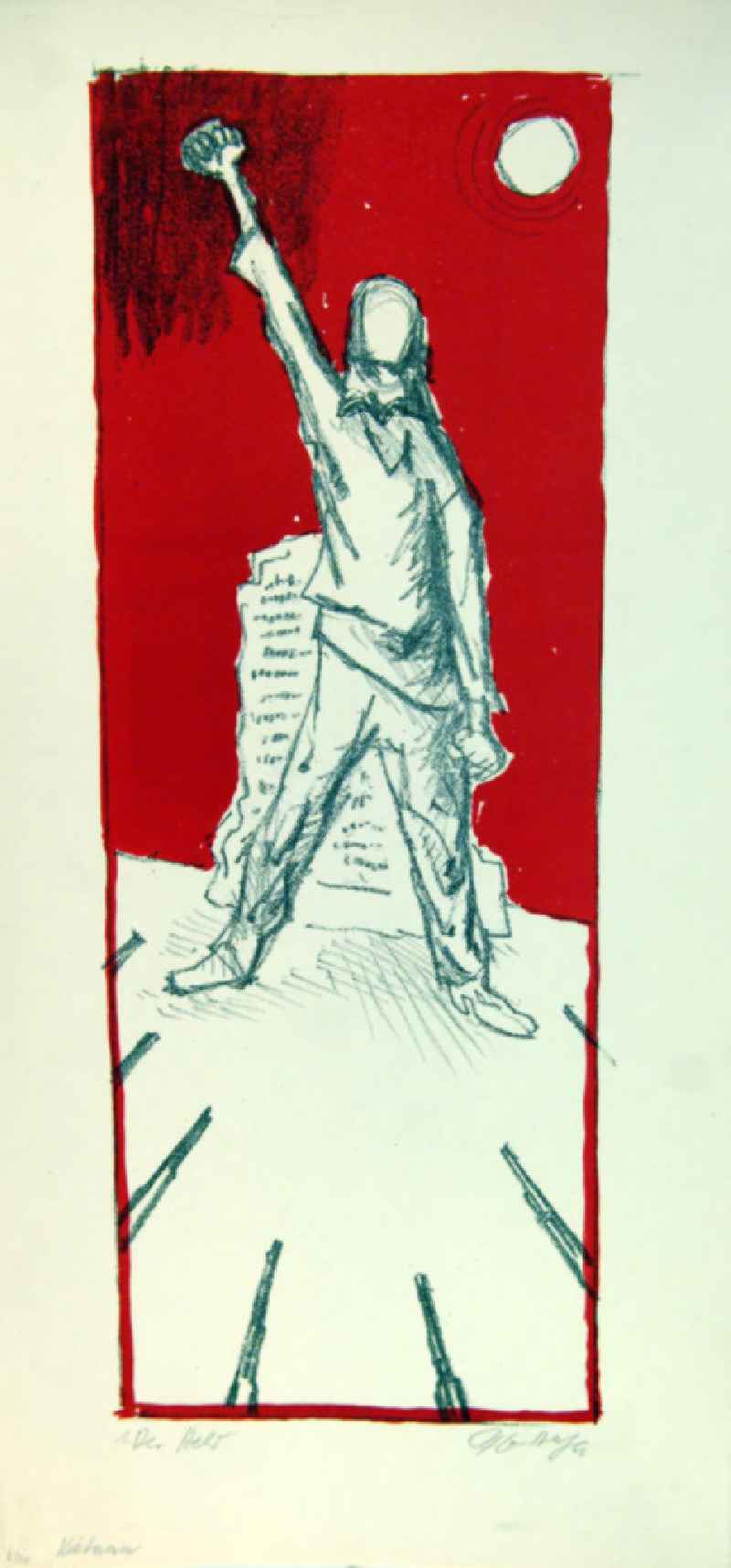 Grafik von Herbert Sandberg 'Vietnam 1. Der Held' aus dem Jahr 1966, 47,0x18,0cm Farb-Lithographie, handsigniert, 6/2