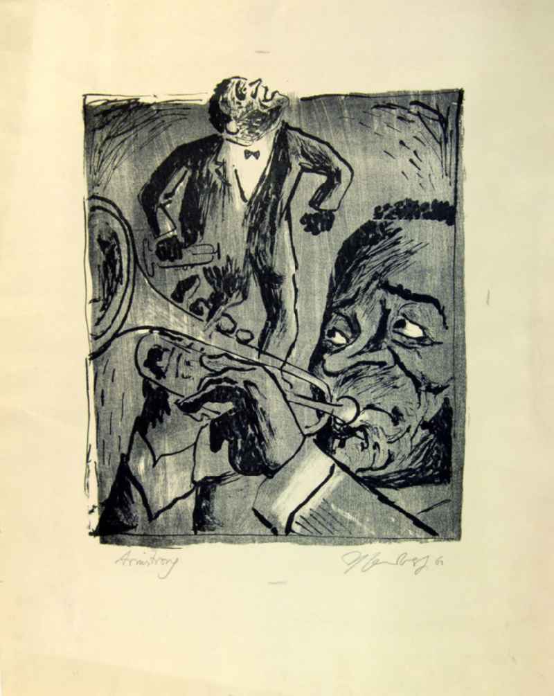 Grafik von Herbert Sandberg über den Jazztrompeter Louis Armstrong (*04.08.1901 †06.07.1971) 'Armstrong' aus dem Jahr 1960, 32,