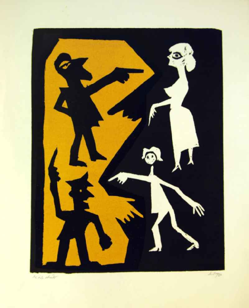 Grafik von Herbert Sandberg 'Er ist Schuld' aus dem Jahr 1980, 30,7x39,1cm Farbholzschnitt, handsigniert, 3/3